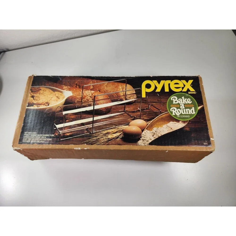Vintage Pyrex Bake A Round Glass Bread Baking Tube Rack Box 990 Corning French